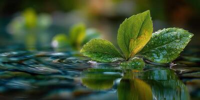 Leaves floating serenely on water with gentle ripples and reflections in a tranquil natural setting photo