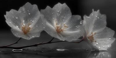 Delicate white flowers with raindrops resting on a dark surface creating an elegant contrast photo