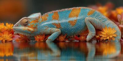 Colorful lizard resting among vibrant flowers in a tranquil pond during sunset photo