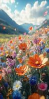Vibrant wildflower meadow under a sunny sky with diverse blooms and buzzing bees in springtime photo