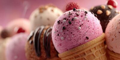 Colorful ice cream cones in a variety of flavors create a tempting summer treat display at a local parlor photo