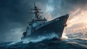 Battleship navigates stormy seas during twilight hours with a city skyline in the background photo
