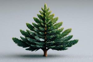 Miniature evergreen tree placed against a smooth gray surface with water droplets glistening, showcasing detailed foliage photo