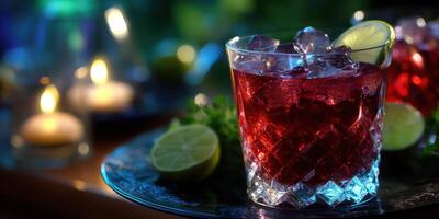 Refreshing cocktail served on a black plate with lime slices and candles in the background photo