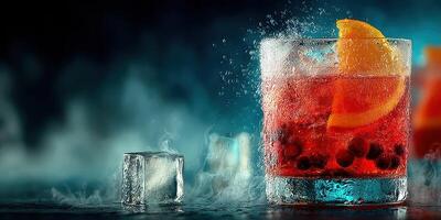 Refreshing cocktail with ice and orange garnish served in a smoky bar setting during the evening hours photo
