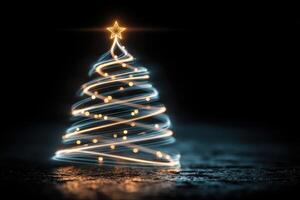Lighted Christmas tree with glowing star and bright decorations in a dark setting during the holiday season photo