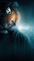 Tiger wearing sunglasses and headphones poses in a dark, futuristic environment during nighttime photo