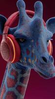 Giraffe wearing headphones enjoys music in a vibrant, colorful setting with smooth lighting photo