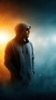 Young man in hoodie and sunglasses stands confidently against a vibrant background of orange and blue photo