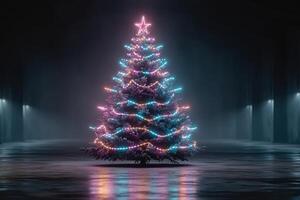 Brightly lit Christmas tree decorated with colorful lights in a darkened hall photo