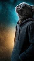 Cool cat in a hoodie and sunglasses strikes a confident pose against a gradient background at an abstract location photo