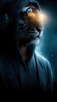 Cool tiger wearing sunglasses and headphones in a dark, atmospheric setting at night photo