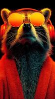 Cool raccoon wearing sunglasses and headphones in a vibrant setting with colorful lighting and a cozy robe photo