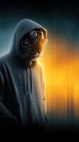 Tiger in a hoodie wearing sunglasses stands confidently against a vibrant backdrop at night, combining urban style with a wild demeanor photo