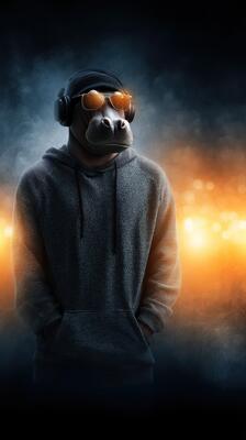 Unique character in a hoodie and sunglasses with headphones, illuminated against a smoky background