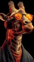 Giraffe wearing sunglasses and headphones enjoys music in a vibrant stylized setting photo