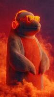 Colorful creature wearing sunglasses and headphones stands confidently in a vibrant, smoky environment during a party night photo