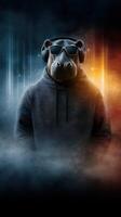 Hippo wearing sunglasses and headphones in a stylish urban environment with dramatic lighting photo