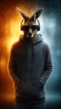 Unique anthropomorphic kangaroo wearing headphones and sunglasses in a vibrant color split background photo