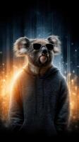 Koala wearing sunglasses and a hoodie posed against a vibrant, abstract background during a creative nighttime setting photo
