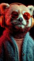 Red panda in stylish sunglasses and headphones enjoying music in a vibrant setting during nighttime photo