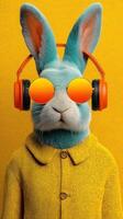 Rabbit in stylish headphones and sunglasses against a vibrant yellow background exudes a playful and trendy vibe photo