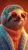 Sloth in headphones enjoying music while wearing stylish sunglasses and a cozy sweater at sunset photo