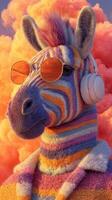 Colorful zebra wearing sunglasses and headphones in vibrant cloud background at sunset photo