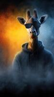 Giraffe wearing sunglasses and a hoodie standing confidently against an artistic orange and blue background photo