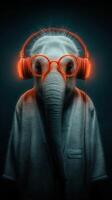 Elephant wearing headphones and glasses with a glowing effect shows a unique blend of nature and modern technology at night photo