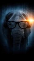 Elephant wearing glasses and headphones against a dark backdrop with glowing light effects photo