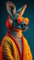 Kangaroo wearing sunglasses and headphones, embracing a relaxed vibe in vibrant colors photo