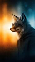 Cool fox character wearing sunglasses and a hoodie against a colorful backdrop photo