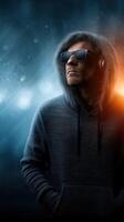 Person in a hoodie wearing sunglasses poses coolly against a dramatic blue and orange background in an urban setting photo
