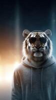 Tiger wearing sunglasses in a stylish hoodie poses dramatically in a moody urban background photo