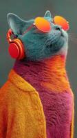 Stylish cat wearing sunglasses and headphones in vibrant colors shows off its cool personality and charm photo