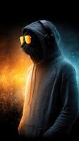 Black cat wearing sunglasses and headphones in a stylish hoodie against a dramatic colorful backdrop photo