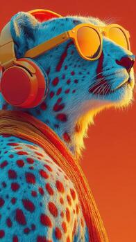 Cheetah with sunglasses and headphones enjoys a vibrant sunset in a colorful and artistic setting photo