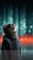 Cool cat in a hoodie with sunglasses enjoys the music vibe in a vibrant urban setting photo