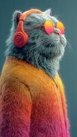 Furry musician in stylish sunglasses and headphones enjoys the rhythm of life in vibrant setting photo