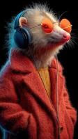 Stylish hedgehog wearing sunglasses and headphones poses confidently in a vibrant outfit with a cool vibe photo