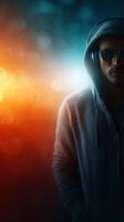 Portrait of a person wearing sunglasses and headphones against a colorful background with vivid lighting effects photo