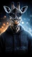 Giraffe wearing sunglasses and a hoodie in a creative urban setting with contrasting colored lights photo