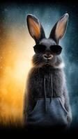 Cool rabbit wearing sunglasses and a hoodie poses confidently against a vibrant backdrop photo