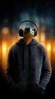 Lizard-headed figure wearing headphones stands in urban setting with colorful lights at night photo