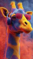 Colorful giraffe wearing sunglasses and headphones against a vibrant backdrop with smoke effects during a creative art event photo