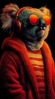 Koala wearing a red hoodie and sunglasses listening to music with headphones in a vibrant artistic setting photo