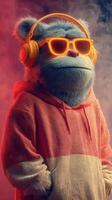 Colorful furry character in a vibrant hoodie enjoying music with headphones in a dynamic background photo