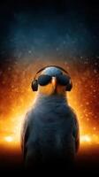 Cool bird wears sunglasses and headphones in a vibrant setting with a glowing background photo