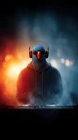 Pigeon DJ wearing headphones performs music at night in vibrant urban setting with colorful lights photo